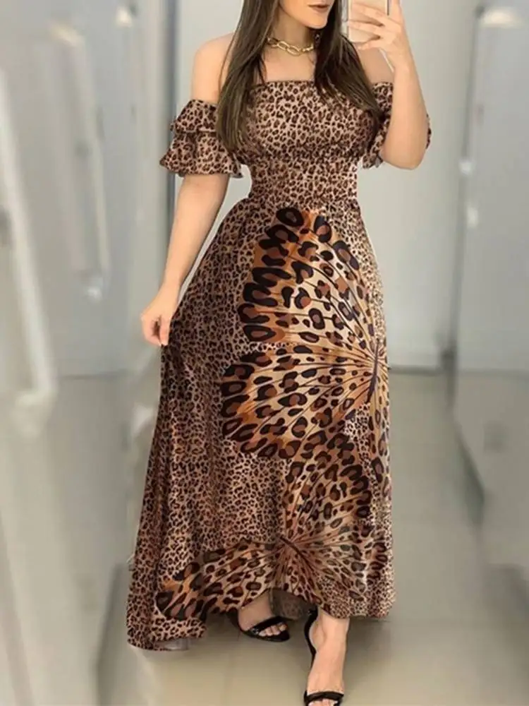 

VONDA 2022 Elegant Dress Bohemian Summer Short Sleeve Off Shoulder Dress Female Sexy Strapless Leopard Printed Vestido Oversized