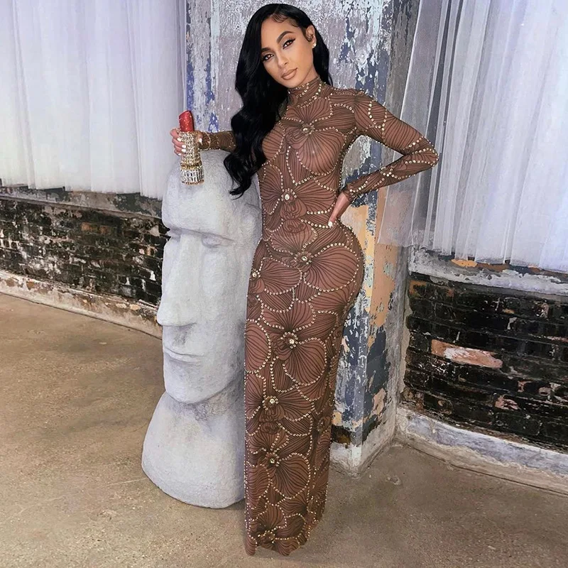 

Gothic Women's Party Dresses Slim Rise Hip Hot Drill Flower Wrap Hip Skirt See Through Fishtail Bodycon Dress for Women Vestidos