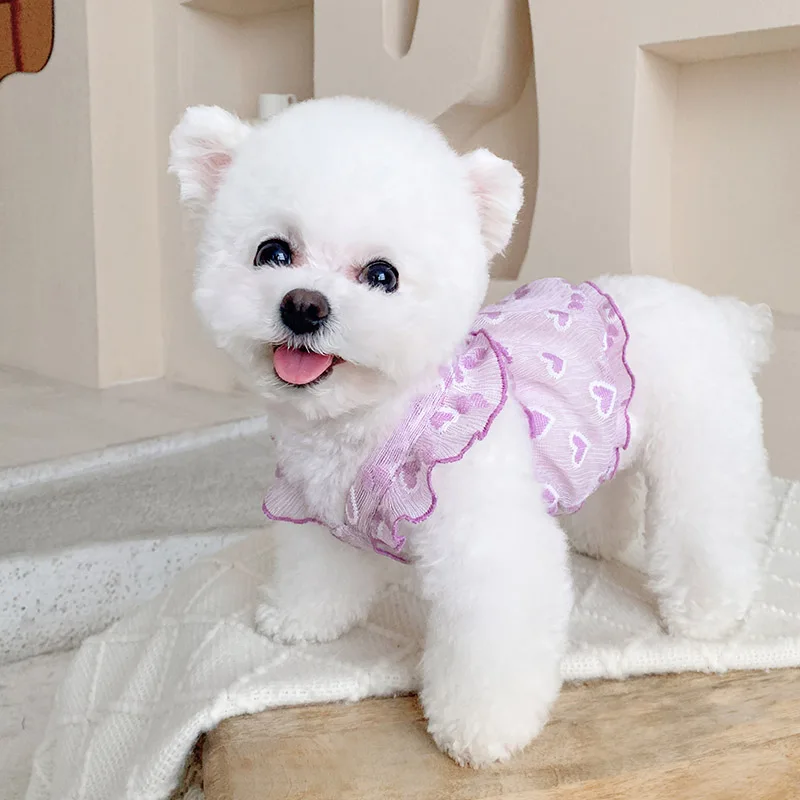 

Summer Puppy Dog Clothes Cute Heart Print Lace Yarn Sling Vest Hoodies For Small Medium Dog Pet Clothing Chihuahua Yorkshire