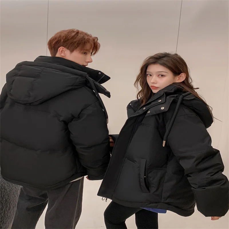 Winter Couple'S Short Down Jacket, Men'S And Women'S Same Thick Warm Young Man'S Small Bread  Loose And Casual Black White