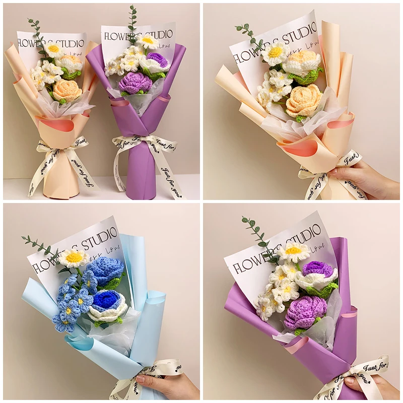 

Colorful Crochet Flower Bouquet with Gift Handbag Ins Knitted Flower Teacher's Day Gift Finished Artificial Flower Wedding Decor