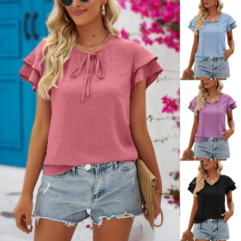 

Женская рубашка на завязках, блузка с коротким рукавом и оборками для девочек, летняя рубашка с круглым вырезом, топ, простая повседневная шифоновая блузка, уличная одежда