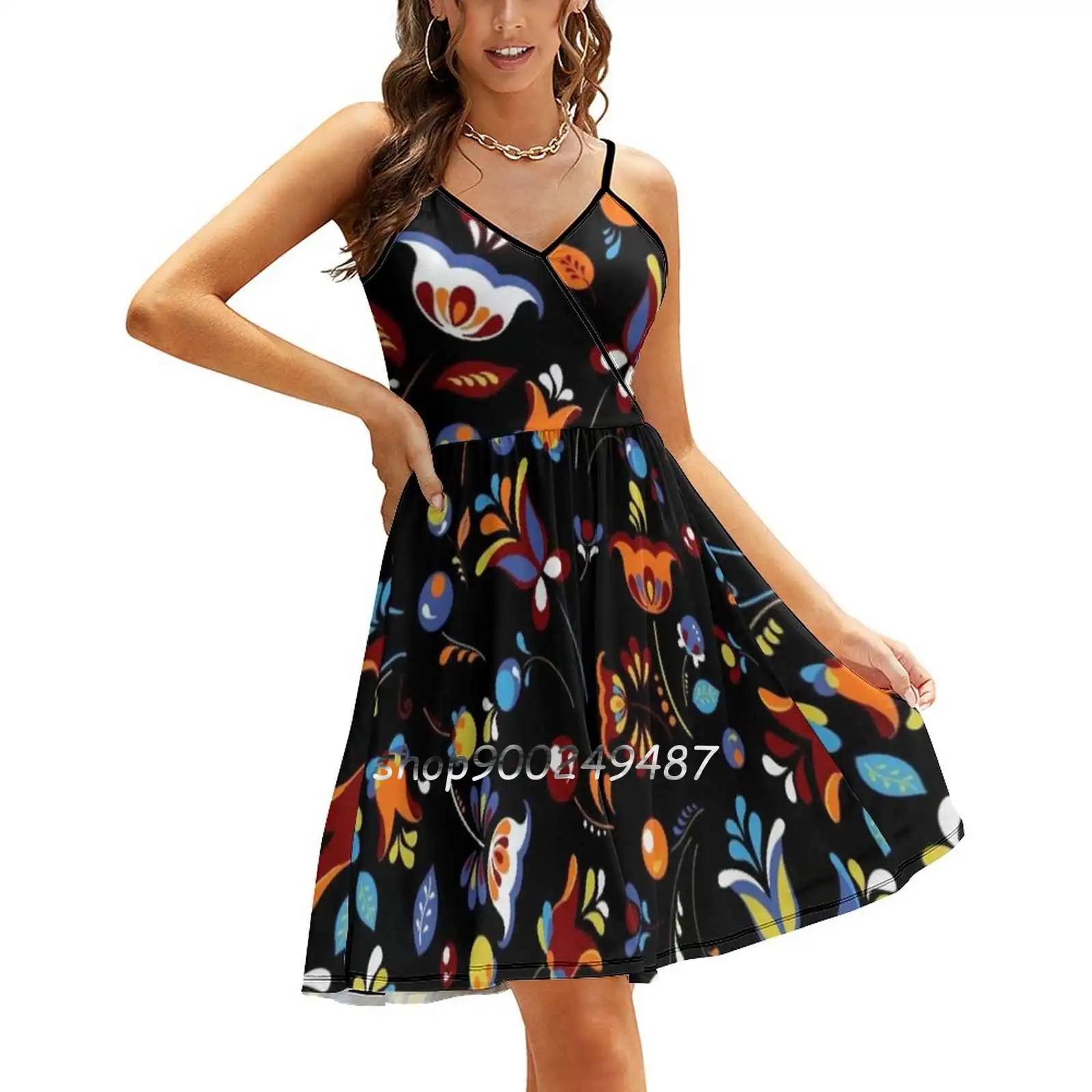 Hohloma Style Sling Dress Women Summer Printing Condole Belt Dresses Pattern Gzhel Russian Floral Cool Cute Traditional