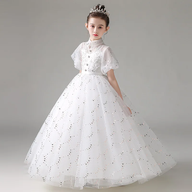 Child Girls Evening White Dress for Wedding Elegant Party Formal Sexy Sequin Long Dresses Puff Sleeve Birthday Frock Ball Gown