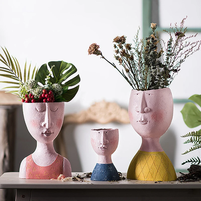 

Resin Flower Vase Human Head Flower Pot Portrait Sculpture Vase Living Room Decor Desktop Succulents Vase Nordic Garden Suppils