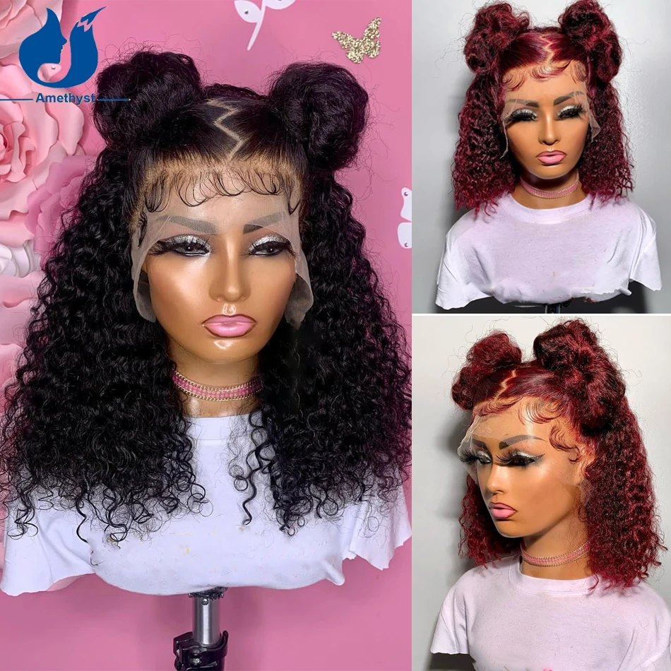 

Amethyst Curly Bob Wig Human Hair Wigs Brazilian Deep Wave Lace Frontal Wig Short Wig 100% Human Hair 99J PrePlucked For Women