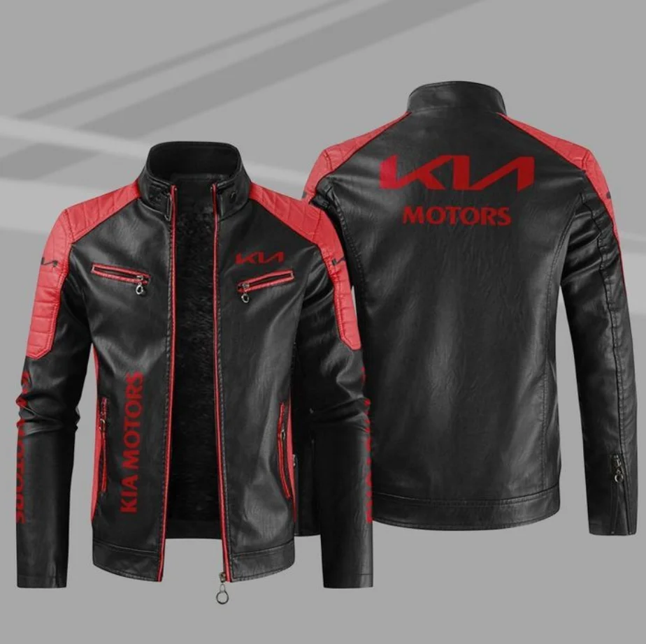 Vintage KIA Car Logo PU Leather Jacket Men Motorcycle Coat Mens Biker Clothes Autumn Winter Coats Size 5XL