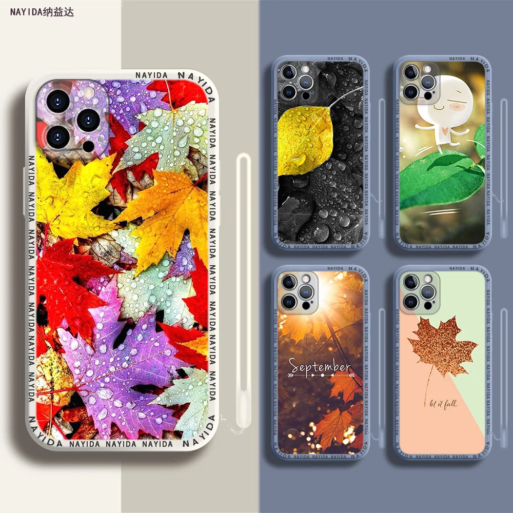 

Soft Silicone Phone Case For iPhone 14 13 11 12 Mini Pro Max XS XR X Blue Lanyard Cover The leaves