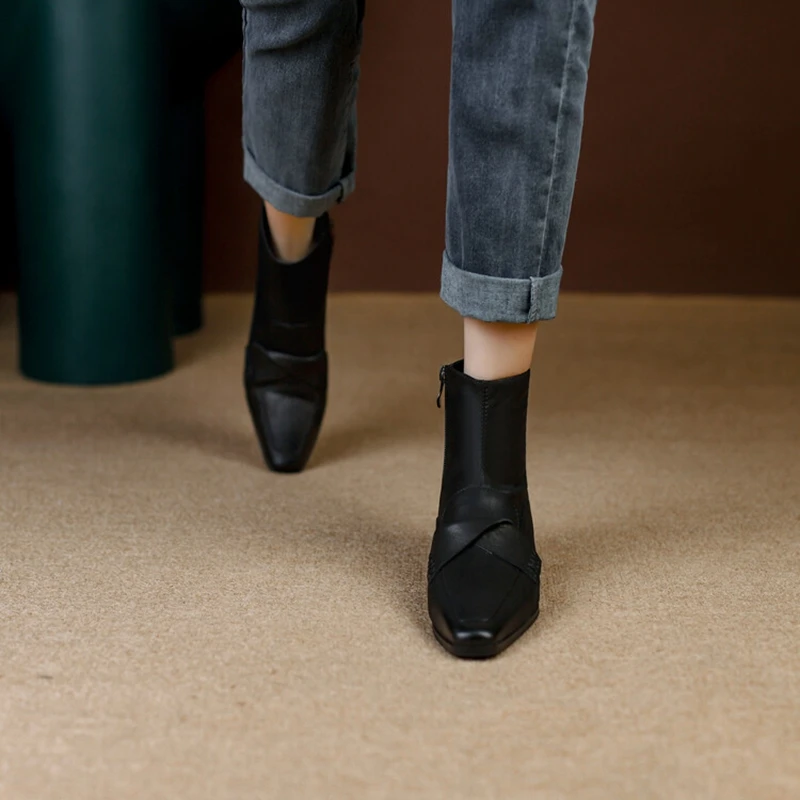 NEW Autumn Shoes Women Square Toe High Heels Geunine Leather Boots Chunky Heel Ankle Boots for Women Mature Pleated Modern Boots