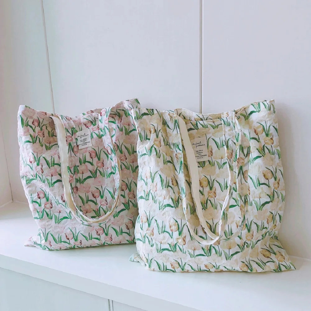 Women Daily Grocery Shopping Shoulder Bag Cotton Floral Reusable Foldable Shopper Tote Book Bag Handbag For Ladies Girl Student