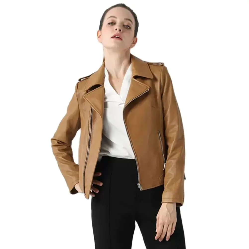 New Women Genuine Leather Jacket Spring Autumn Fashion Casual Suit Collar Coral Texture Sheepskin Short Coat Slim Outerwear