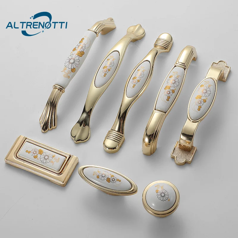 

Rural European Style Furniture Cabinet Drawer Door Pull Handle Gold Flowers Ceramic Zinc Kitchen Cupboard Wardrobe Round Knob