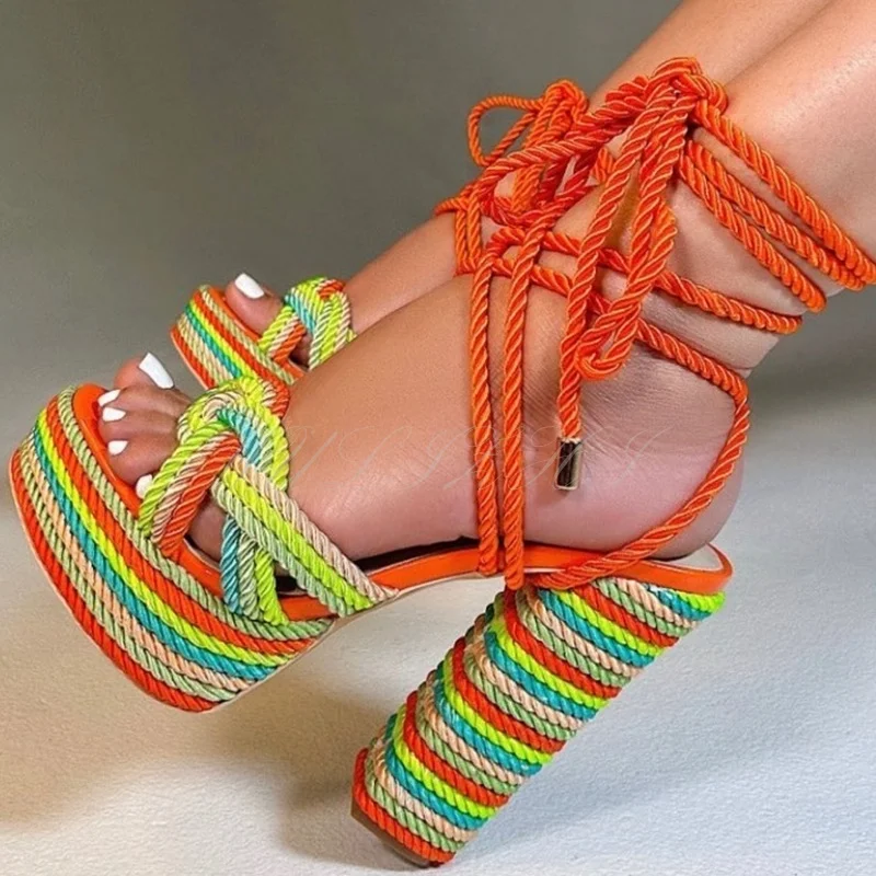 

Rainbow Colors Espadrilles Women Block Heel Sandals Red Yellow Patchwork Platform Ankle Straps Casual Pump Roman Gladiator Shoes