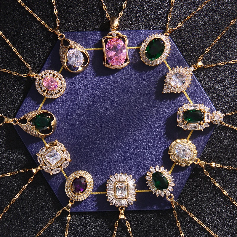 

10pcs/lot Stainless Steel Gold Color Zircon Geometric Pendant Chain Necklace for Women Fashion Jewelry Gift Wholesale