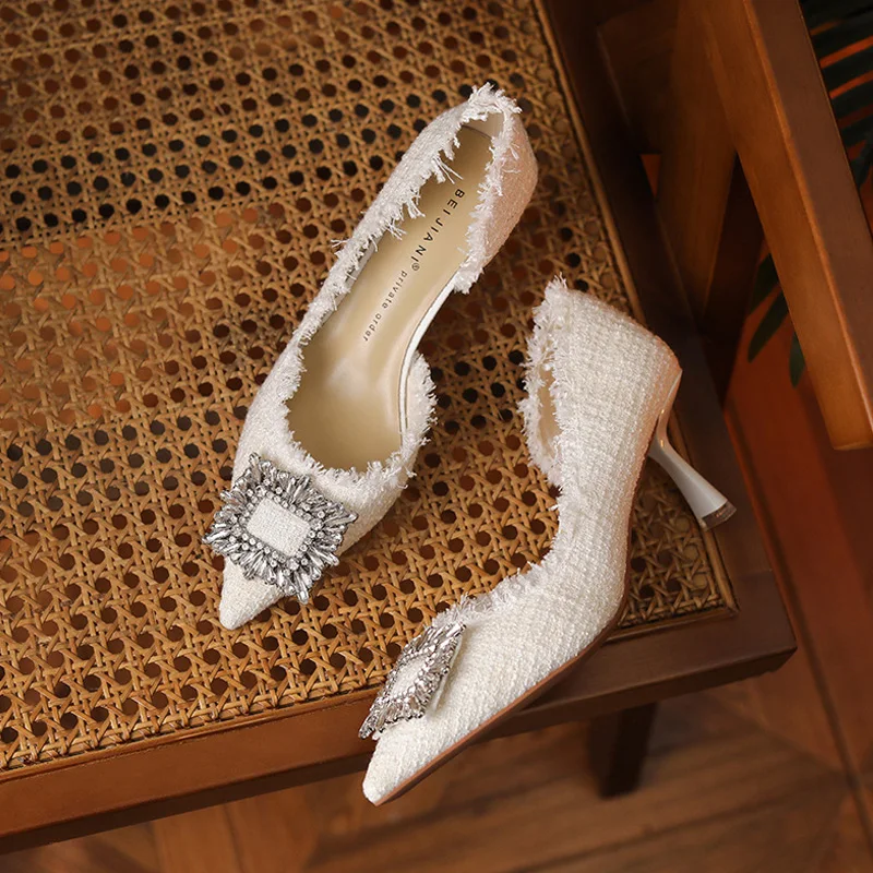 TRAF Women Heeled Heels 2022 Elegant Rhinestone Female Pumps Black White Texture Wedding Bride Luxury Brand Woman Shoes Heel