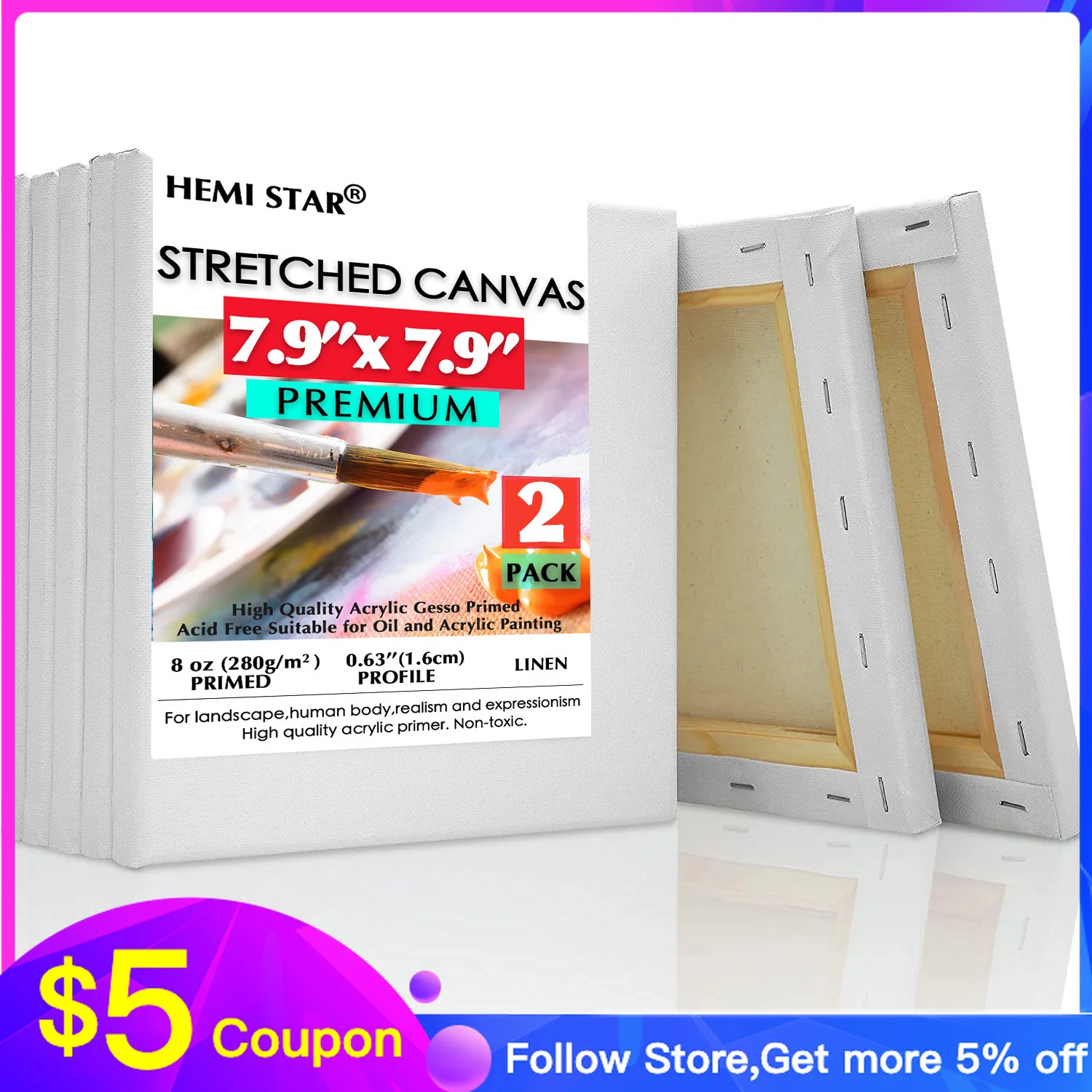 

2 pcs Stretched Canvases for Painting Linen Blank Canvas 20x20cm-7.9x7.9in Blank Canvas Boards for Painting 8 oz Gesso-Primed