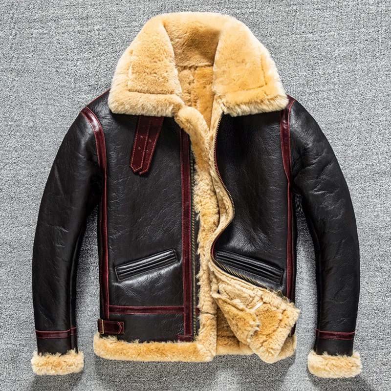 

YR!Free shipping.Classic Air Force B3 fur jacket.Men Thick winter warm shearling coat.100% real fur leather cloth.wool