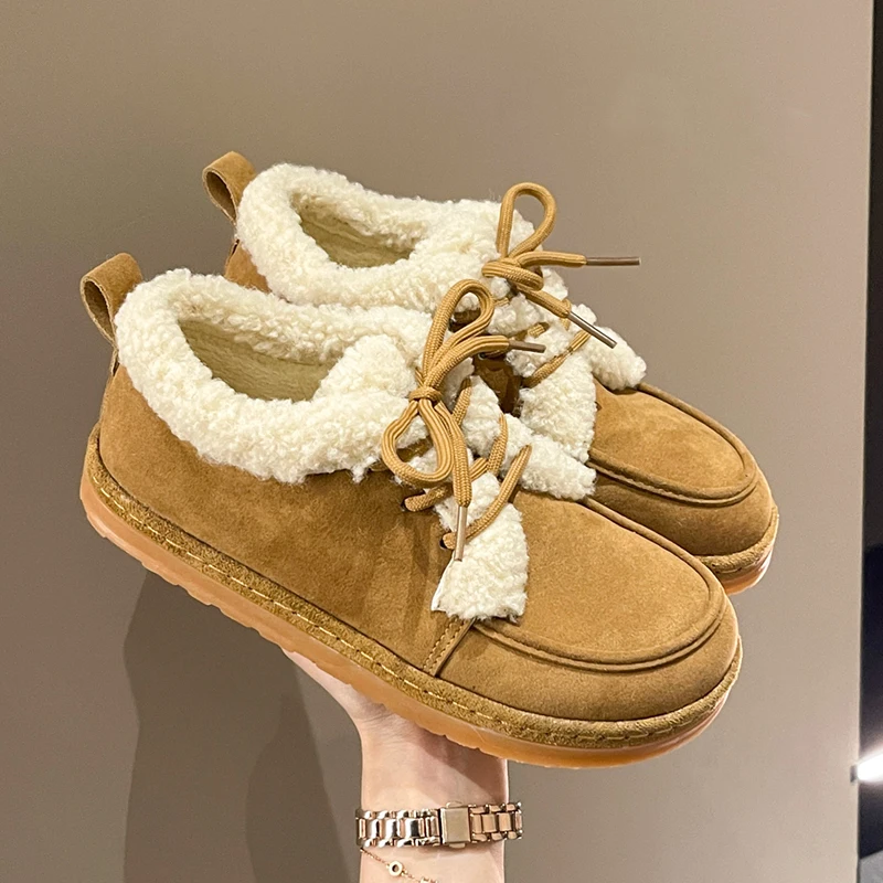 

Теплые плюшевые ботинки для женщин, Зимние ботильоны из искусственной замши на толстой платформе, женские ботинки со шнуровкой, на плоской ...