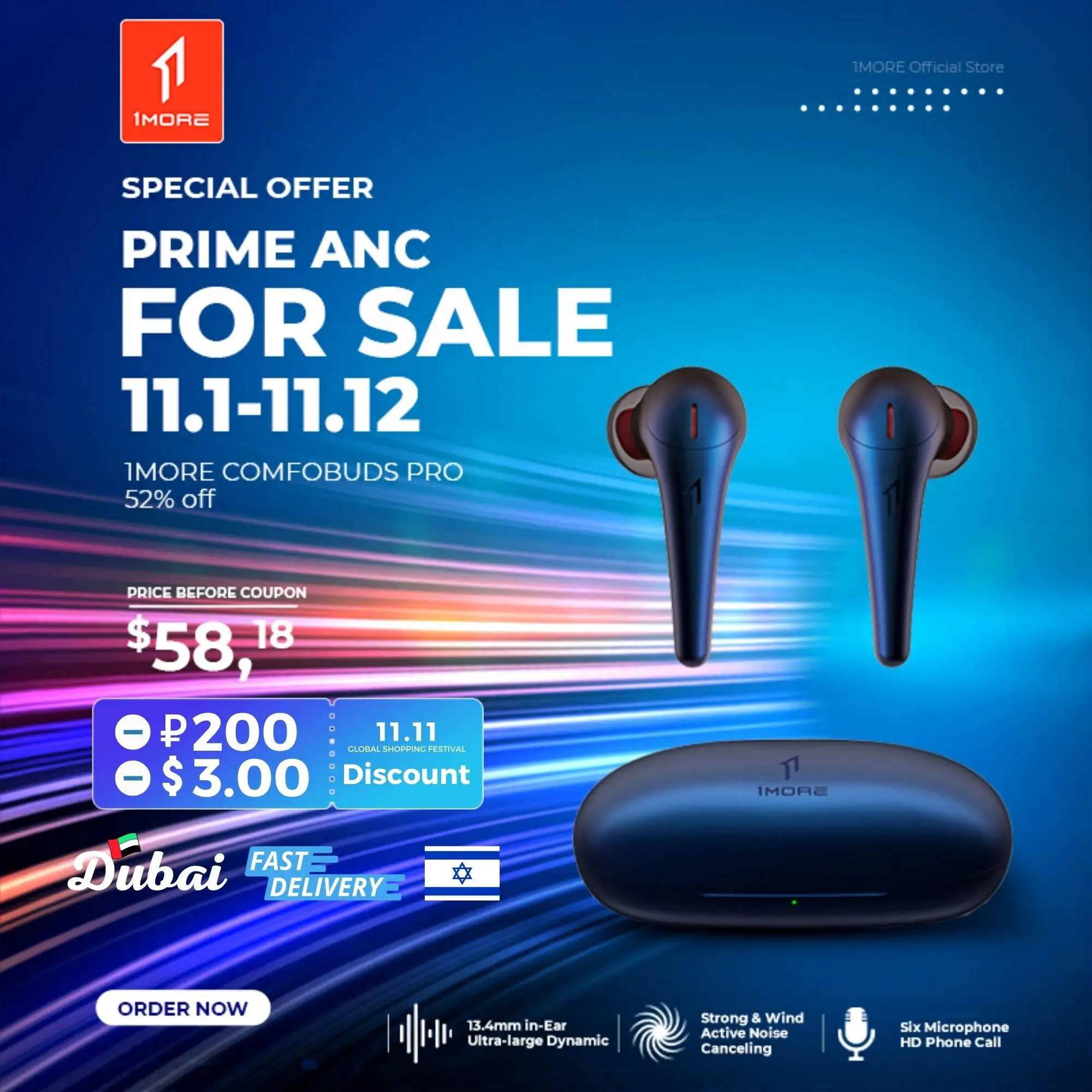  1MORE Comfobuds Pro ANC TWS Active Noise Cancelling Bluetooth Wireless Headphones QuietMax 13.4mm Bass Dynamic AAC EarBuds 