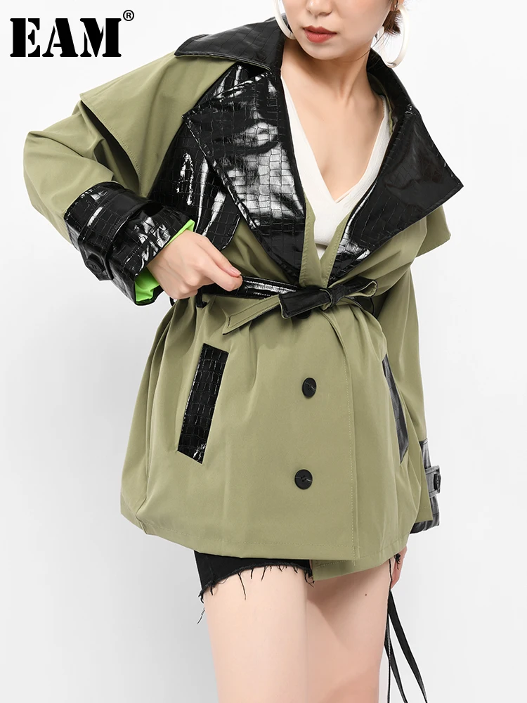 [EAM] Loose Green Double Breasted Pu Leather Big Size Jacket New Lapel Long Sleeve Women Coat Fashion Spring Autumn 2022 8Q62306