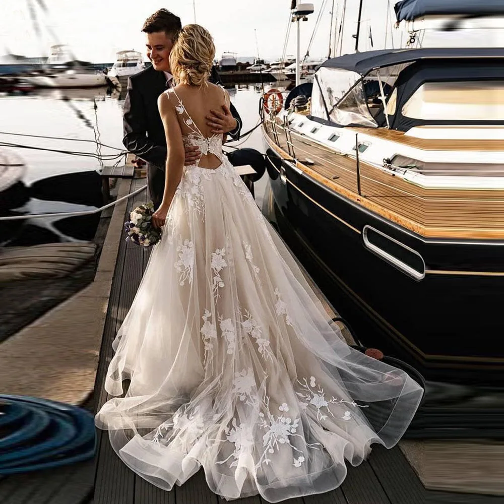 

MANRAY Luxury Lace Appliques Wedding Dresses For Women 2023 Sexy Backless Bridal Gowns A-Line Sweep Train Vestido De Novia