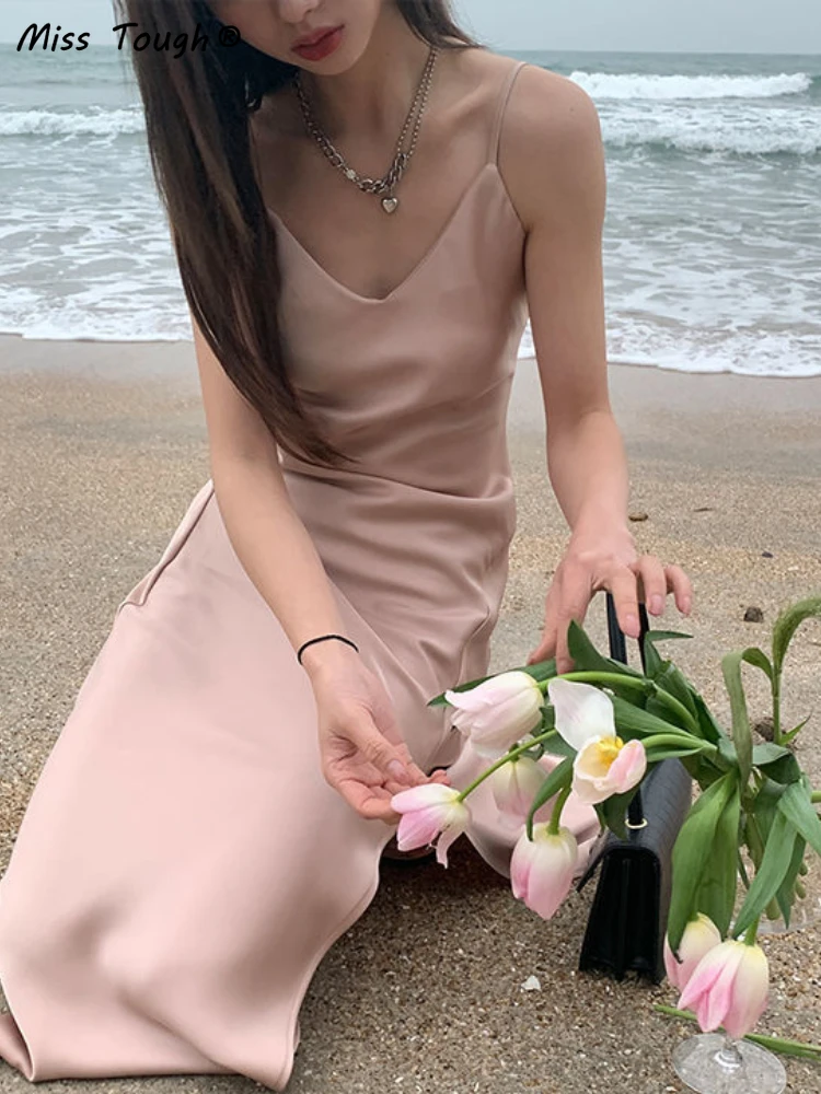 Летнее пляжное элегантное платье на бретелях Женские французские винтажные