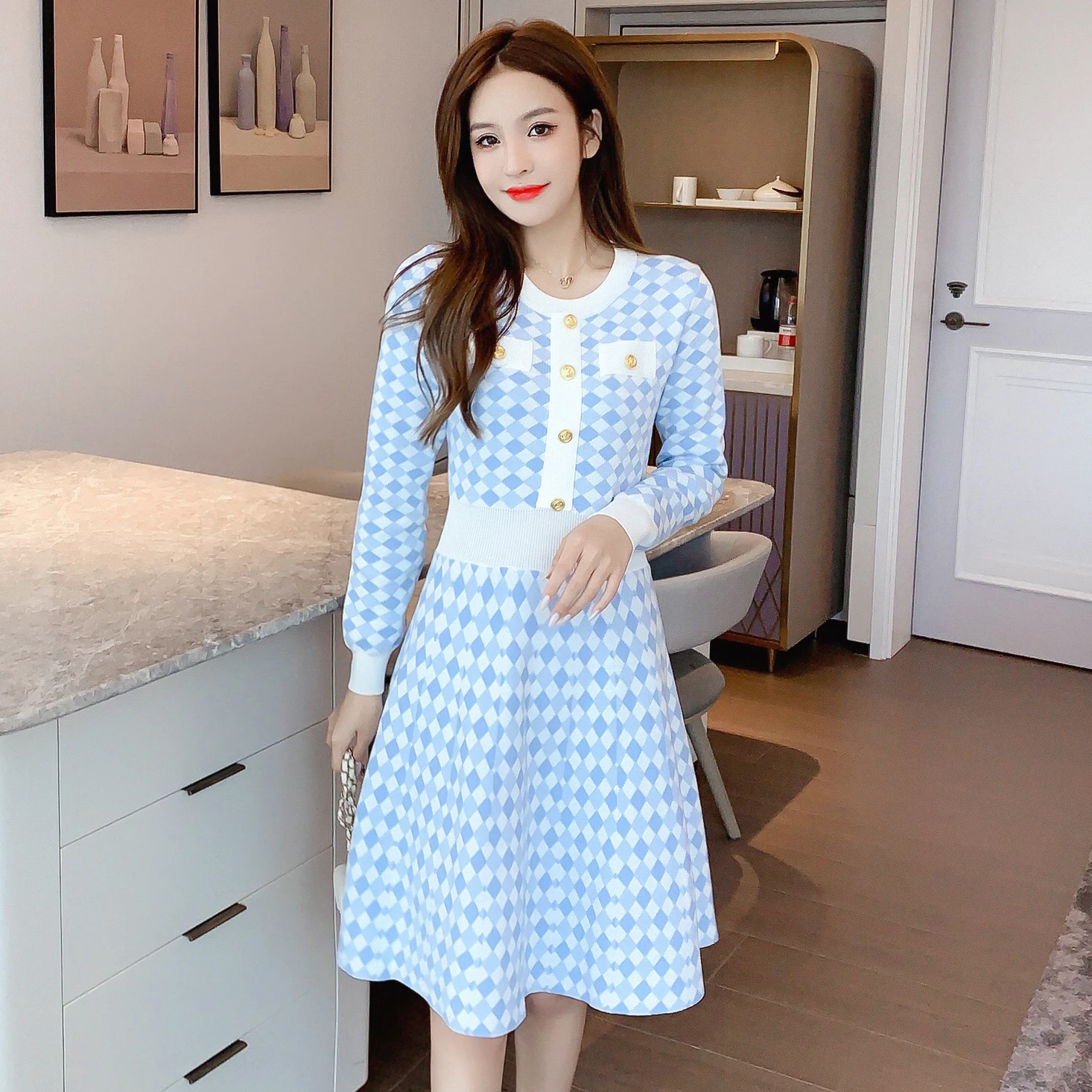 

Knitting Party Women's Dress Summer Printing O-neck A-LINE Long Sleeve Elegant High Waist Female Clothing Office Lady