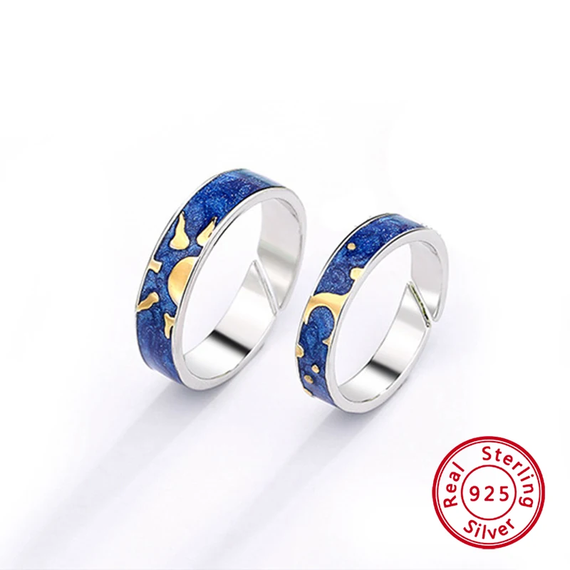 

Charm Aesthetic Sun & Moon Adjuestable Size 925 Sterling Silver Set of Rings Couple Engagement Wedding Bands Jewelry Gifts