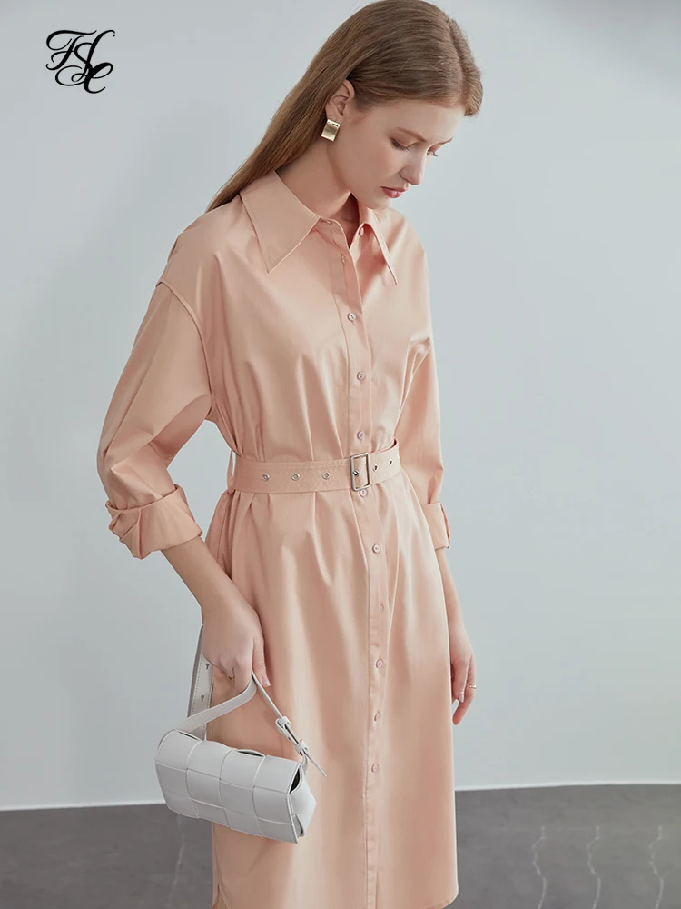 

FANSILANEN Long Sleeve Belt Casual Shirt Dress Women Office Lady Pink Spring Dress Female Button Up Elegant Long Dresses 2021
