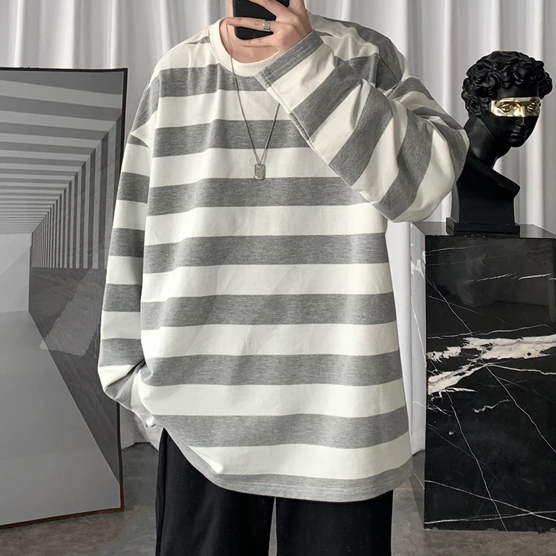 

2022 Spring Mens Stripe Tops Tees Harajuku Long Sleeve T Shirts Casual High Quality Unisex Tshirt