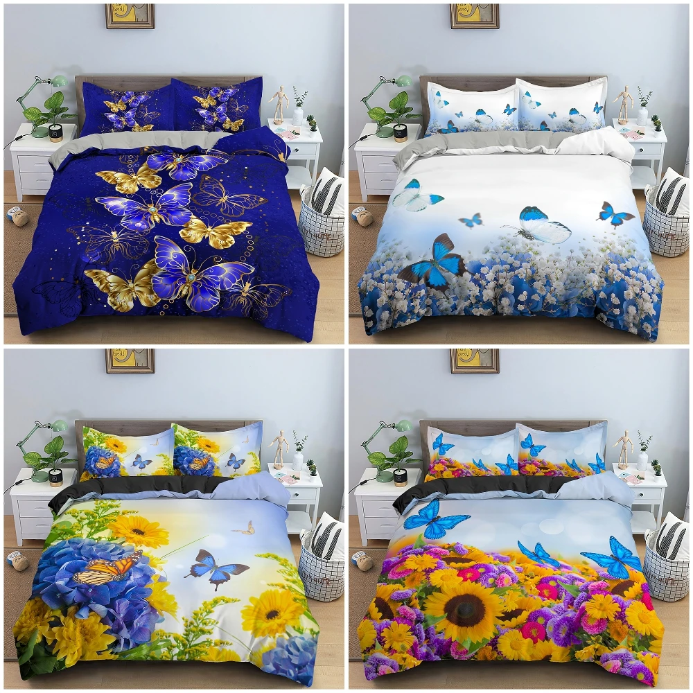 

Colorful Butterfly Printed Bedding Set Duvet Cover Queen Size Comforter Sets With Zipper Closure Quilt Covers