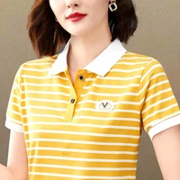 woman polo collar shirt female short sleeve t shirt style crop top ladies workwear stripe print shirt summer crop top blouse a32