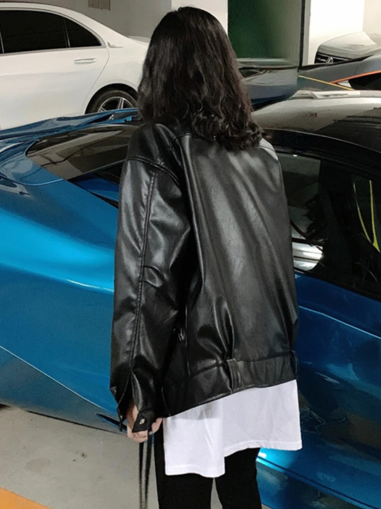 Black Korean Faux Leather Jacket Women Winter Loose Asymmetric Zip Leather Jackets Ladies 2022 Autumn Fashion Outerwear Chic Top