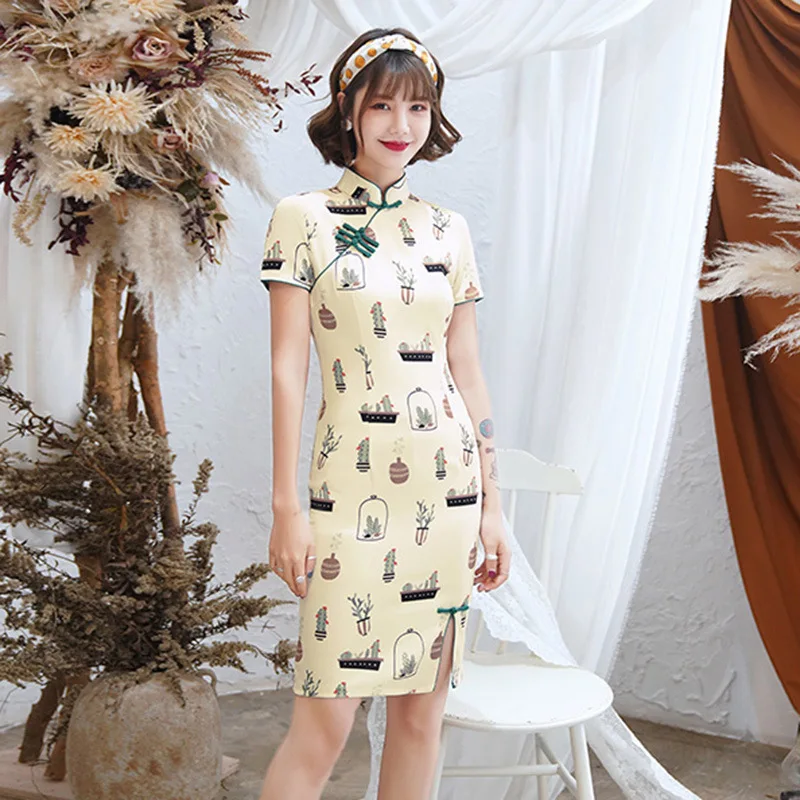 

Chinese Traditional Dress for Women Short Qipao Peony Lotus Chinese Style Cheongsam Oriental Style Dresses Multiple Colour 2022