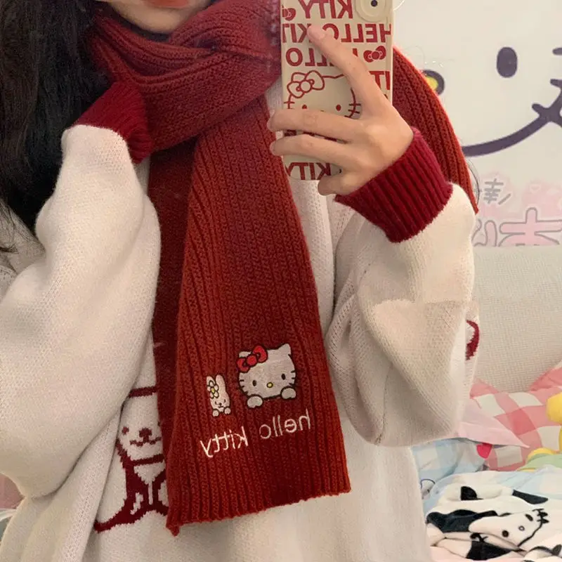 

Autumn Winter Hello Kitty Embroidery Scarf Girl Soft Versatile Student Cute Girl Kitty Warm Knitted Scarf Female Trend Gift