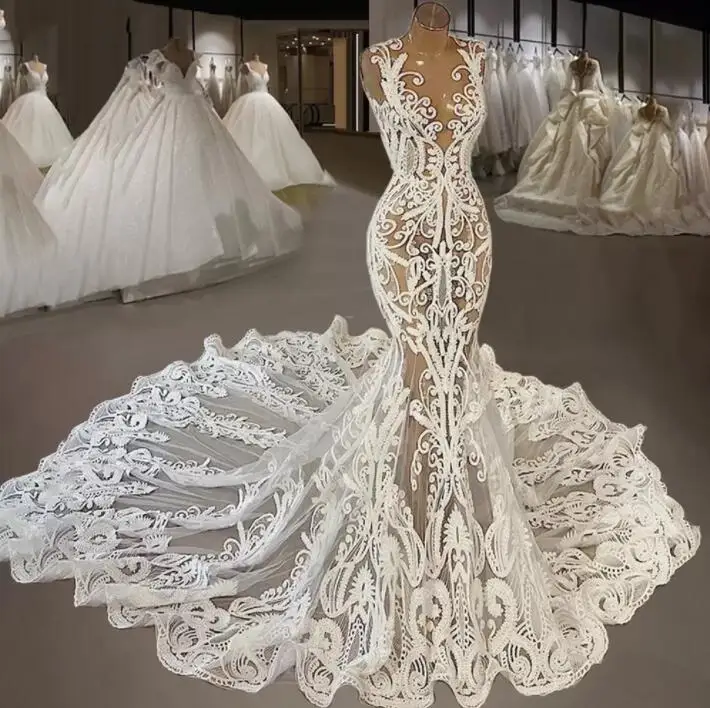 

Sexy 2022 Lace Mermaid Wedding Dresses real material Bridal Gowns Jewel Neck Appliqued Country boho beach Vestidos De Novia