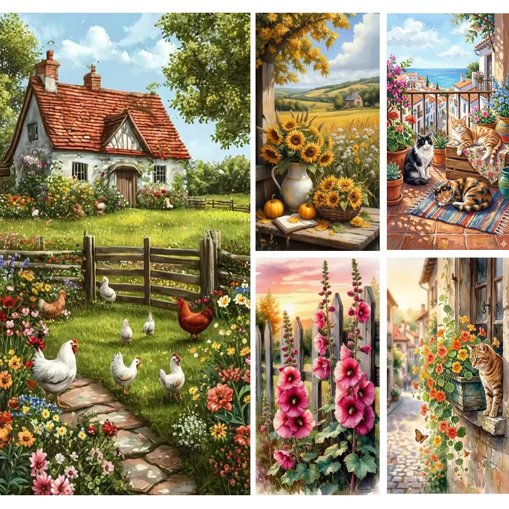 Фото Наборы для вышивания алмазной мозаикой DIY: полные квадратные и круглые алмазные картины, осенний пейзаж, ферма, кошка, курица, алмазная вышивка, распродажа №1