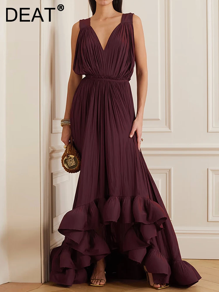 

Женское платье без рукавов DEAT, плиссированное асимметричное вечернее платье с V-образным вырезом, открытой спиной и оборками, 19J4271, лето 2023