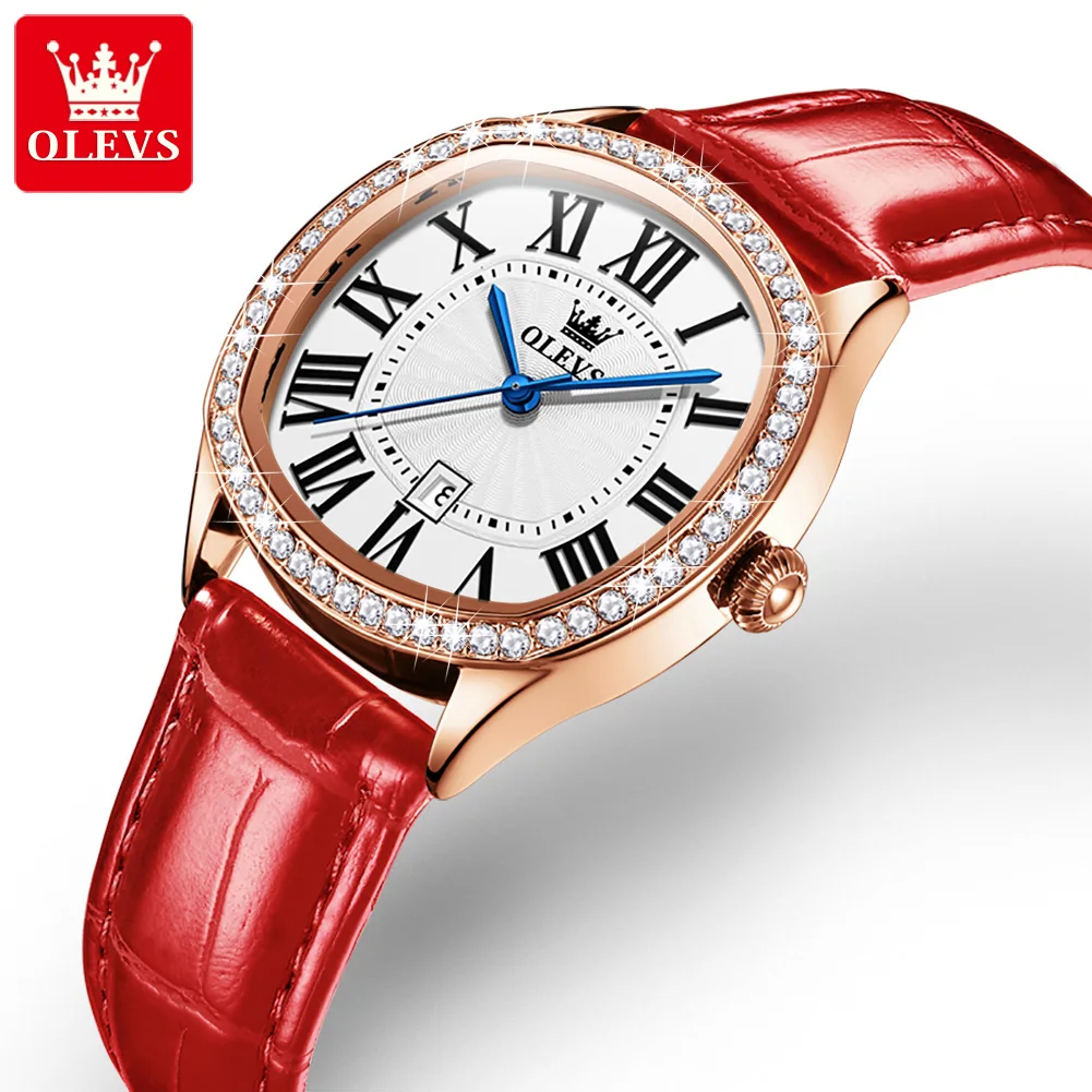 

Часы женские наручные с браслетом из натуральной кожи, золотистые, красные