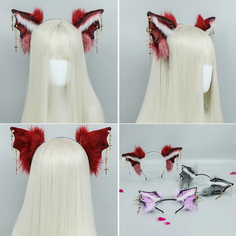 

Simulation Demon Bat Headband With Ear Chain Plush Hair Hoop Headwear Cosplay For Halloween Easter Party Styling Accessories
