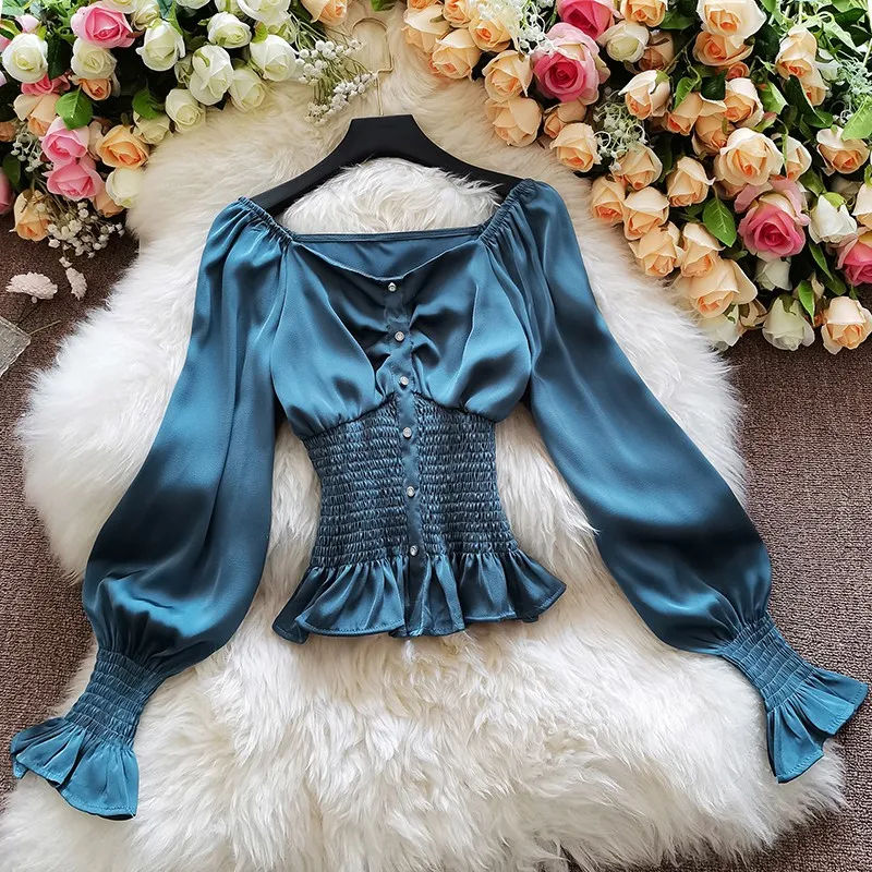 

Autumn Blouse for Women Vintage Silk Satin Long Sleeve Draped Folds Female Corset Top Elegant Ruffles Thin Blusas Vacation New