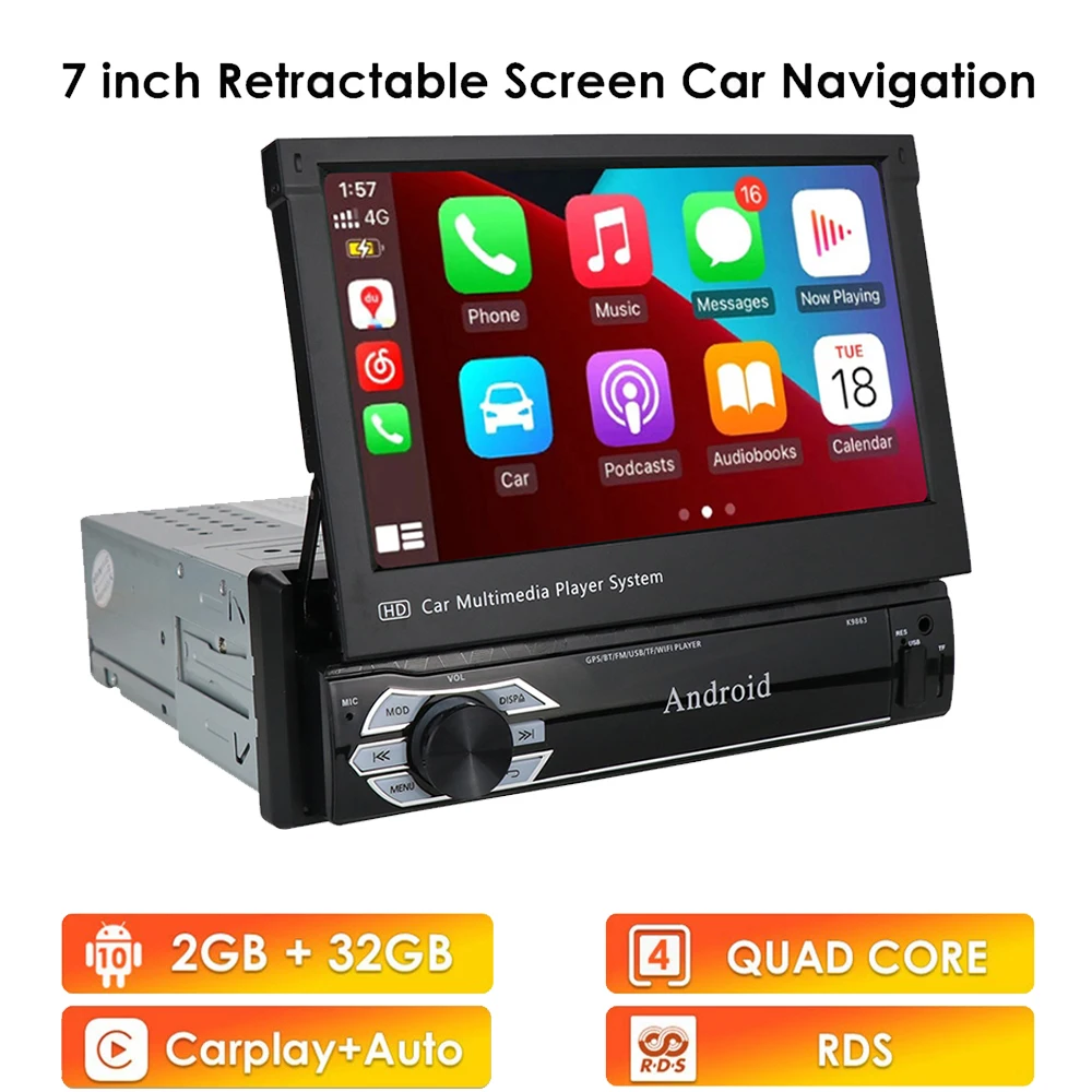 

Autoradio 7" Android 10 Quad Core 2G+32G Universal Single 1Din dvd Audio Stereo GPS Navigation Radio Kits Car Multimedia Map USB