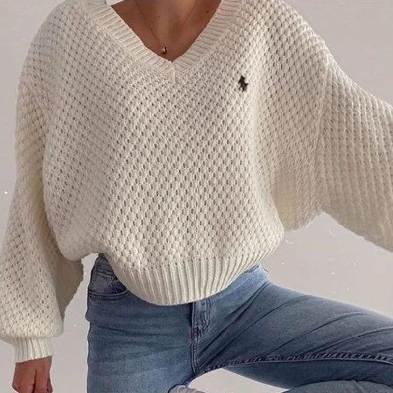 Women Harajuku Oversized Sweaters 2021 Spring and Autumn New Fashion Sexy  V-neck Loose Tops Solid Sweater Pullover for Female | АлиЭкспресс