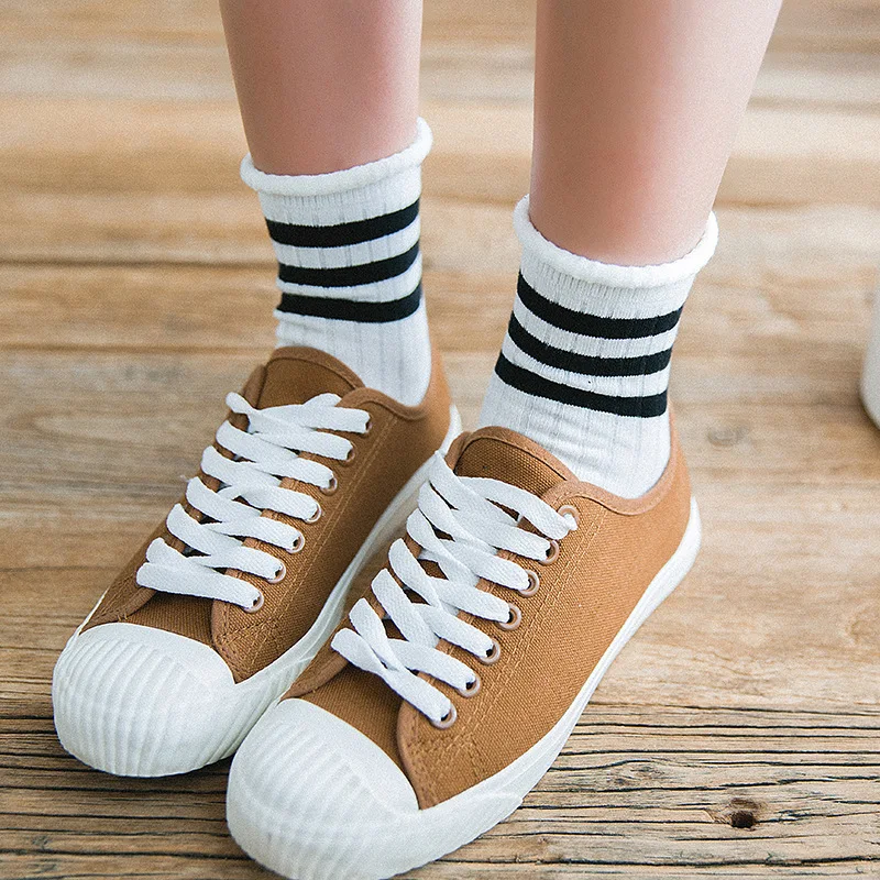 Korea Fashion Harajuku Socks Street Hip Hop Skateboard Striped Japanese Style Mid Tube Socks Solid Color Breathable Cotton Socks