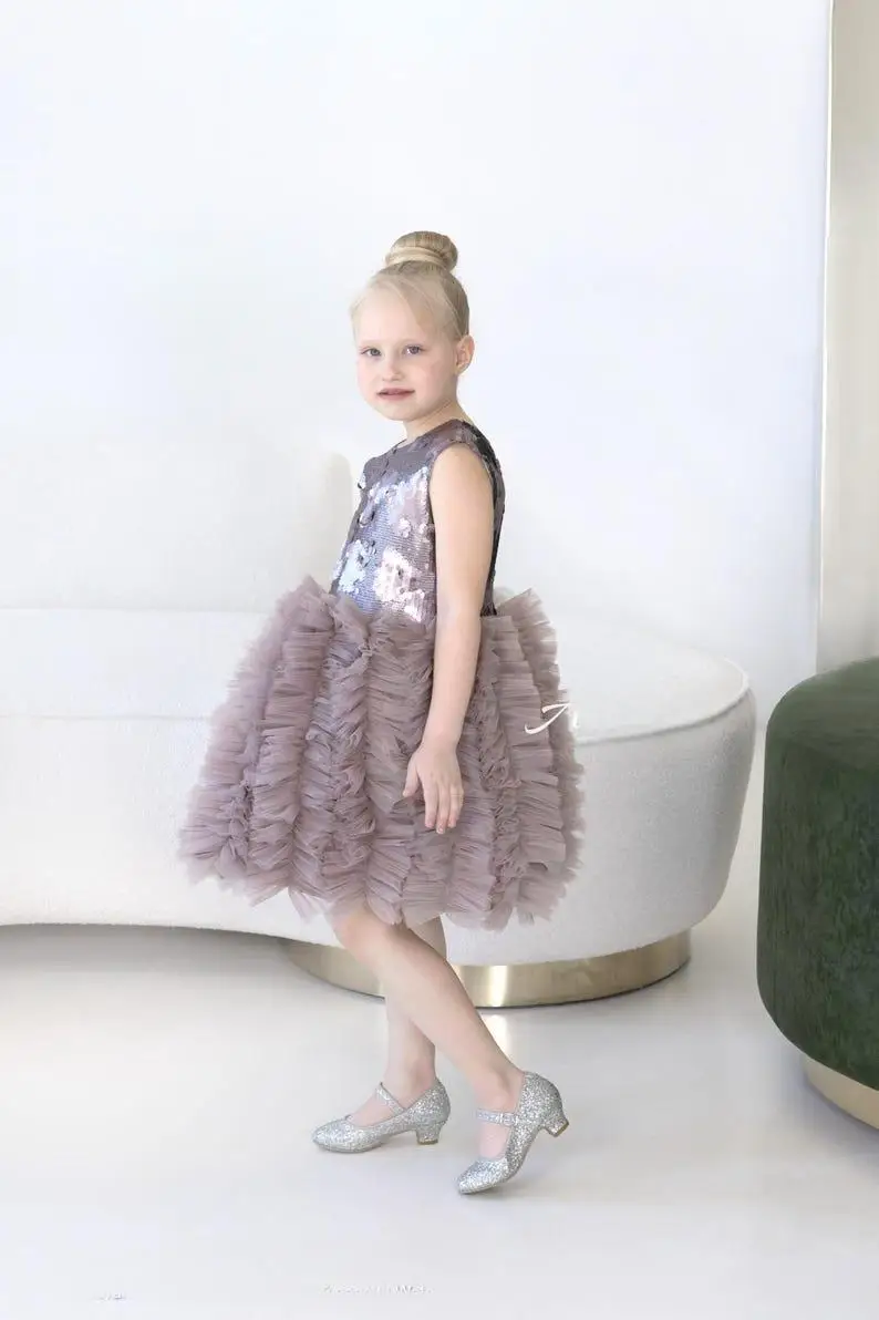 Chocolate Shine Pageant Sequin Outfit Babygirl Birthday Dress Special Occasion Girls Prom Gown Princess Party Tulle Skirt