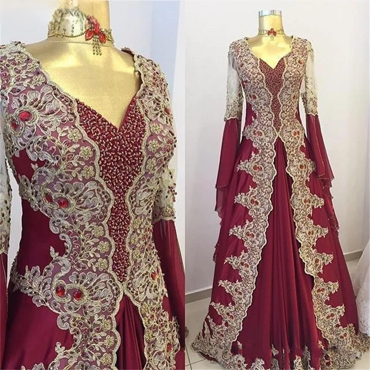 

Burgundy Muslim Evening Dresses A-line Lace Beaded Satin Islamic Dubai Kaftan Saudi Arabic Long Sleeves Prom Gown 2022 Vestido