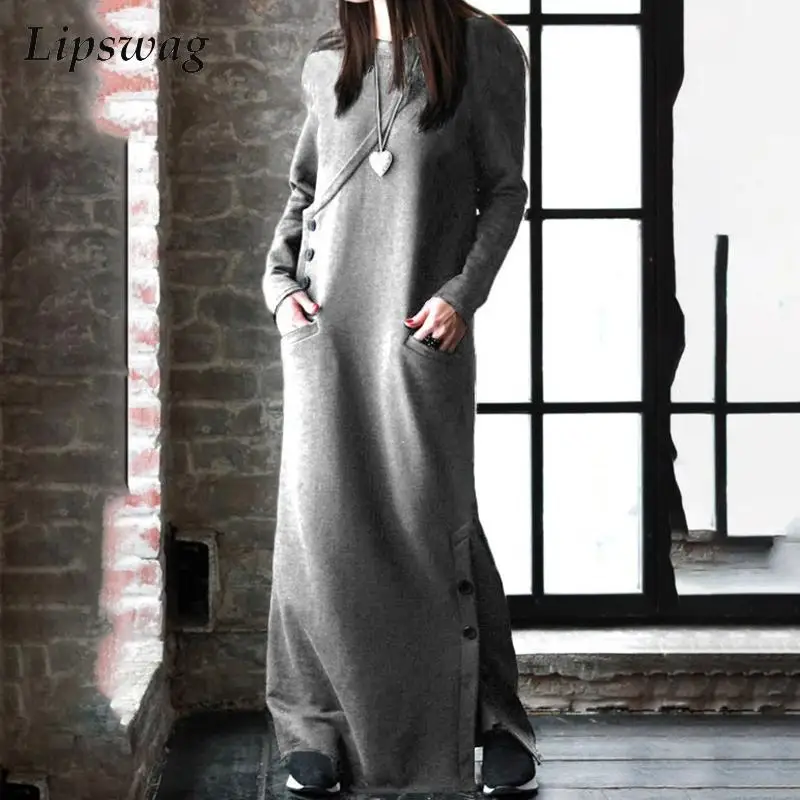 

Винтажное женское свободное платье с длинным рукавом, повседневное однотонное платье-пуловер в стиле Харадзюку на пуговицах, длинное модно...