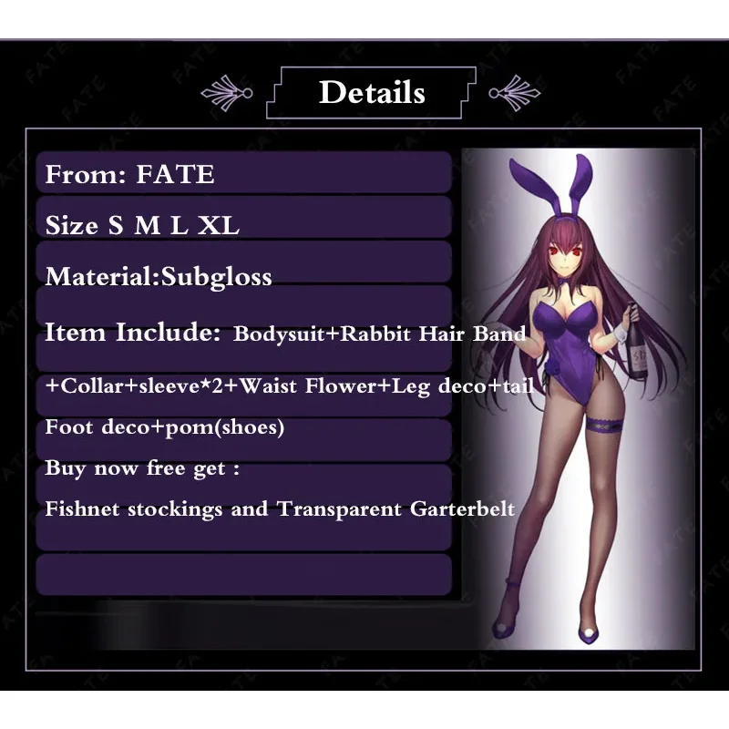 Fate Grand Order Game Cos FGO Scathach Косплей Костюм Банни Девушка Sexul Комбинезон с фиолетовой