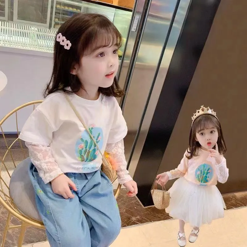 

Girls Lace Stitching Long Sleeve T-Shirts Children's Cotton Tops Girls Baby Spring Summer New Korean Lace Bottoming Shirts