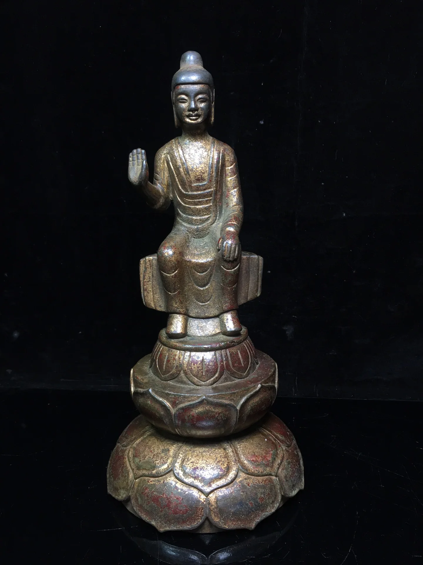 

12"Tibetan Temple Collection Old Bronze Cinnabar Lacquer Northern Wei Buddha Sakyamuni Buddha Terrace worship hall Town House